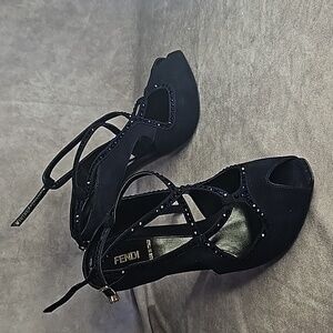 Fendi Dark Navy Crystal Blue Rhinestones Suede Leather Buckle Strappy Open Toe